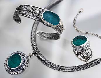 Caesarea Collection | 925 Sterling Silver Jewelry set with Roman Glass