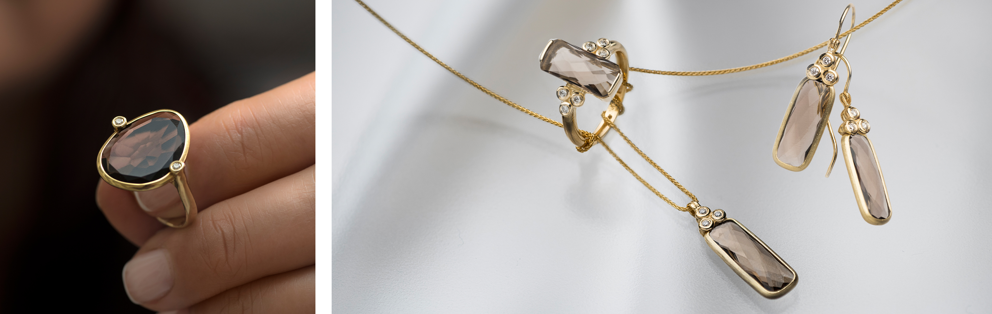 Praline Collection | 14K Gold Jewelry with Smoky Quartz and Diamonds