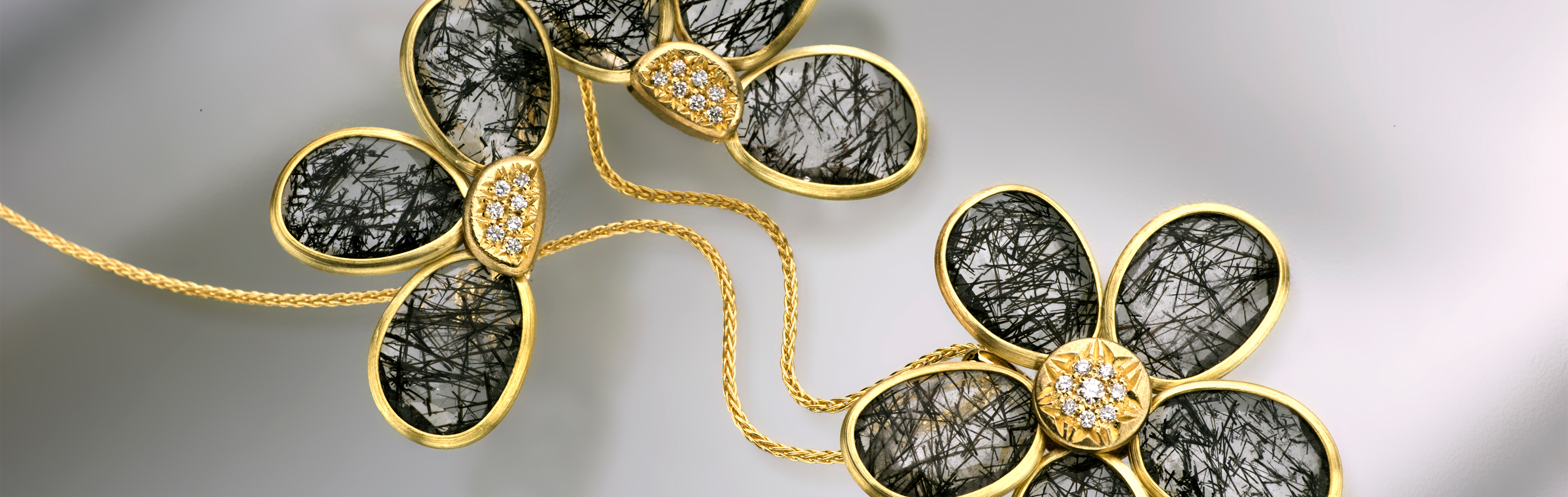 Black Flower Collection | 14K Gold Rutile Quartz and Diamond Jewelry