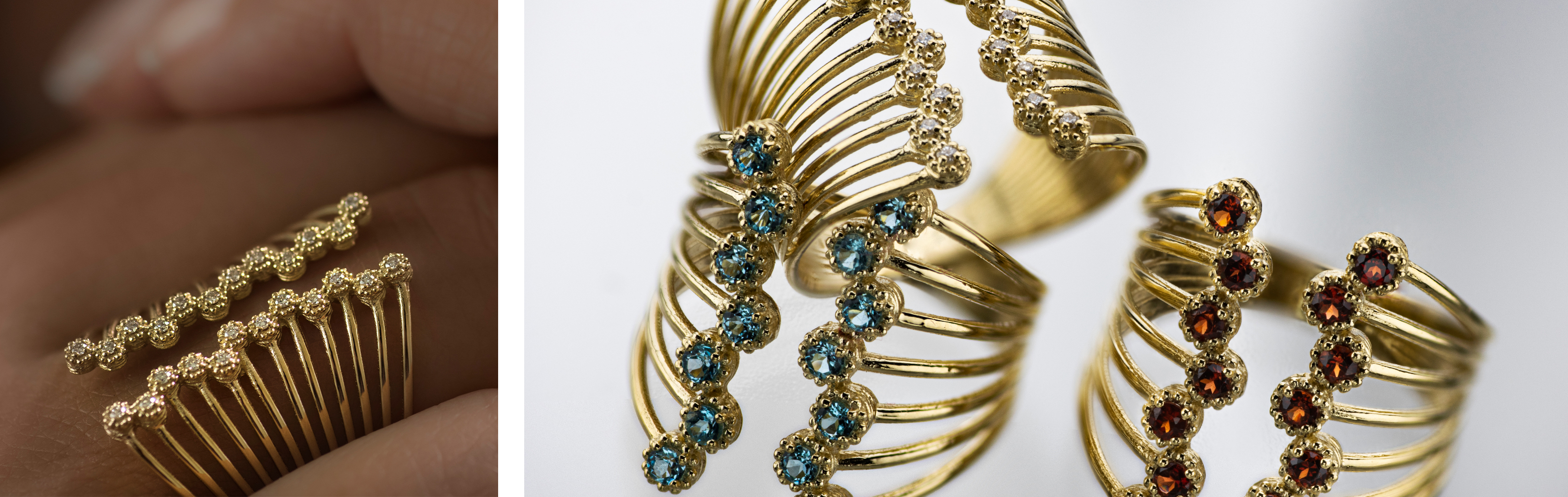 Fan Duo Collection | 14K Gold Jewelry with Blue Topaz Garnet and Diamonds