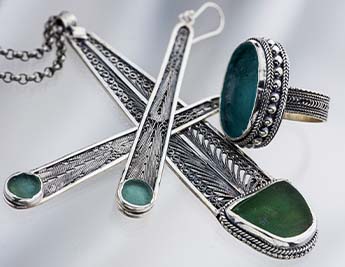 Keren Happuch Collection | Handmade 925 Sterling Silver Yemenite Filigree Jewelry with Ancient Roman Glass