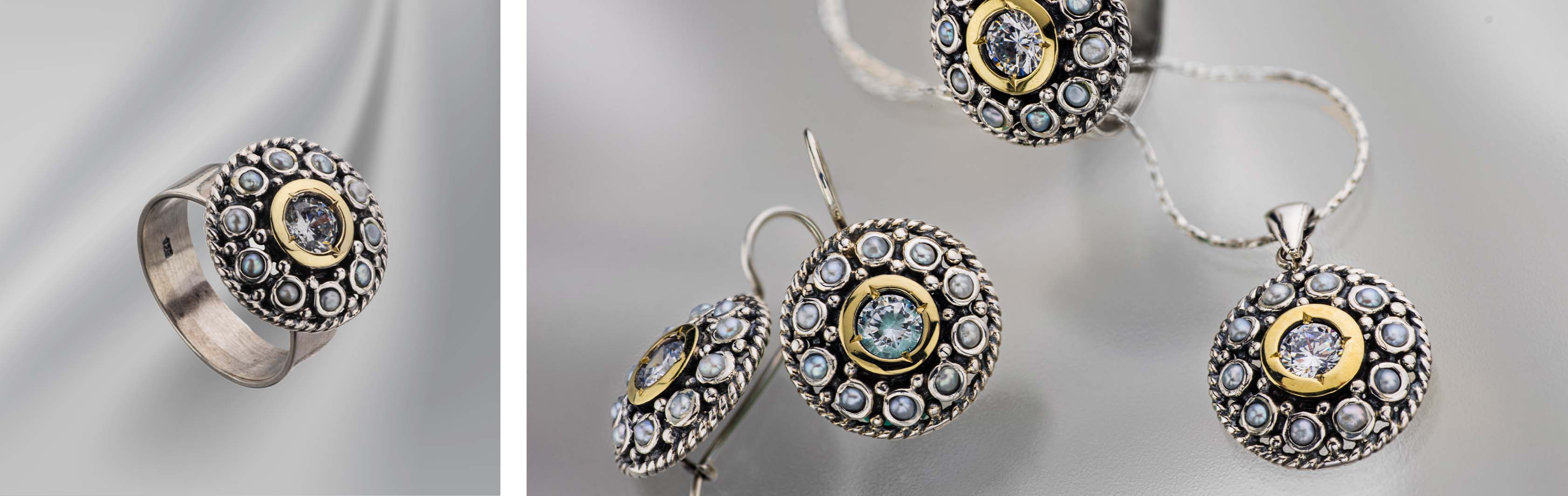 Blossoming Elderberry Collection | 925 Sterling Silver & 9K Gold Jewelry set with Zircon and Pearls