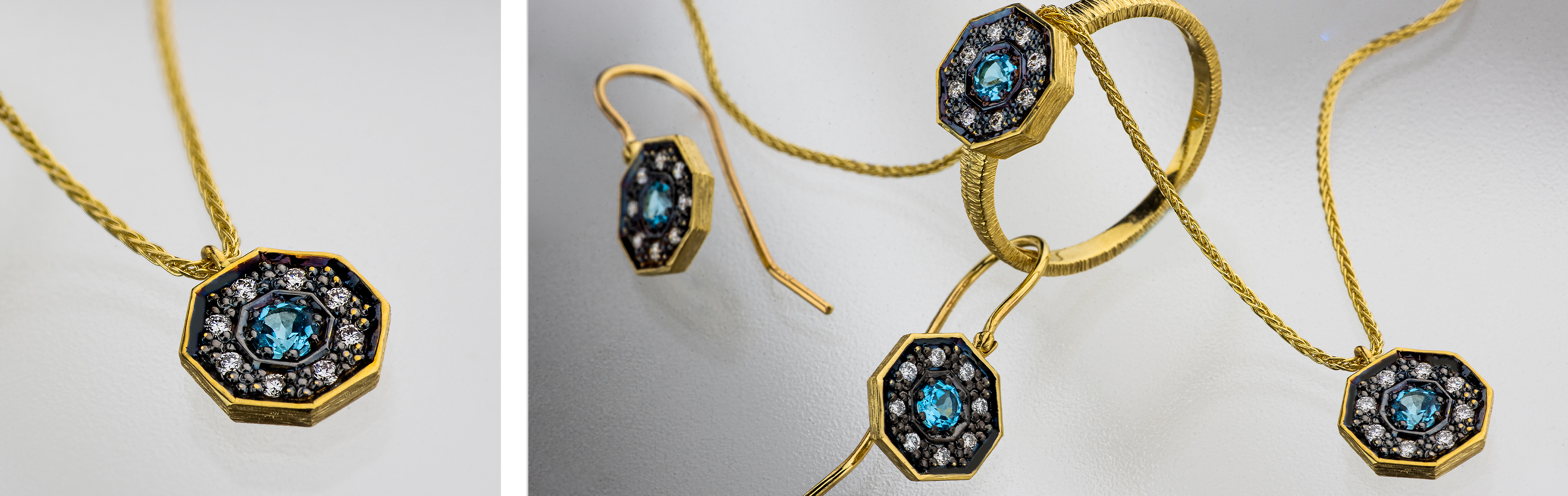 14K gold jewelry set with Blue Topaz and Diamonds