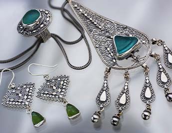 Shlomit Collection | 925 Sterling Silver Yemenite Filigree Jewelry set with Ancient Roman Glass