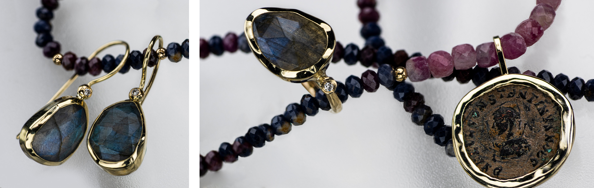 9K Gold Jewelry with Tourmaline, Labradorite and Sapphires