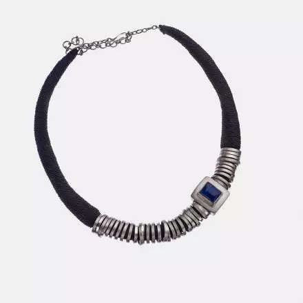 Woven Cotton Rope Collar Necklace with twisting Silver Band set with Lapis Stone