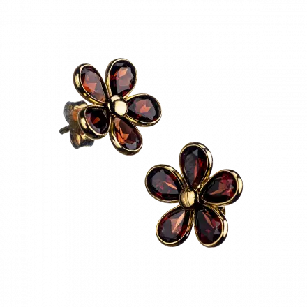 14K Gold Stud Earrings with Garnet Flower