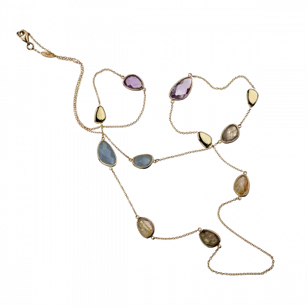 14K Gold Long Necklace with Natural Gemstones