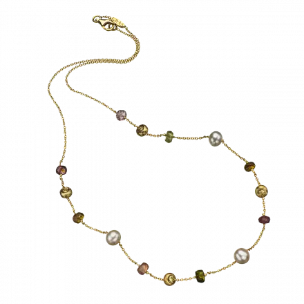 14K Gold Necklace with Tourmalines and Pearls