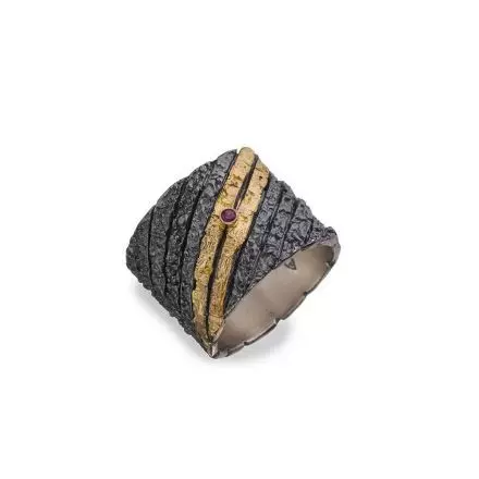  darkened antique finish Silver Ring adorned with 18k Gold leaves Bands and Ruby