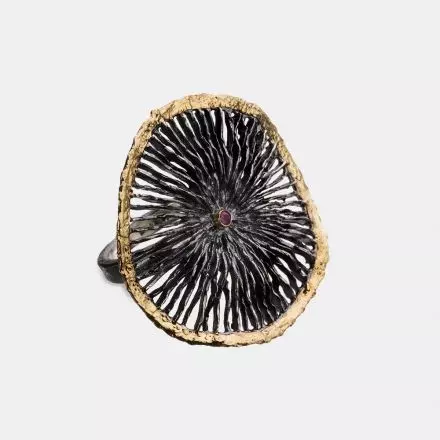 Darkened antique finish Silver Ring with lovely round mesh bordered with 18k Gold Leaves and center Ruby