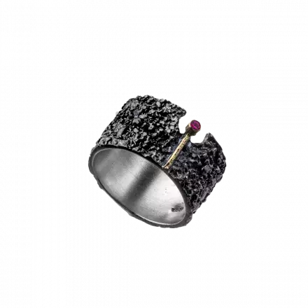 Darkened antique finish Silver Ring accented with 18k gold leaf band and ruby
