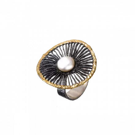 Darkened antique finish Silver "Spider's Web" Ring with 18k gold leaf border and center white pearl