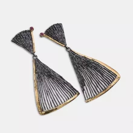 Darkened antique finish Silver Earrings composed of 2 fans, one opposite the other, each bordered with 18k Gold Leaves