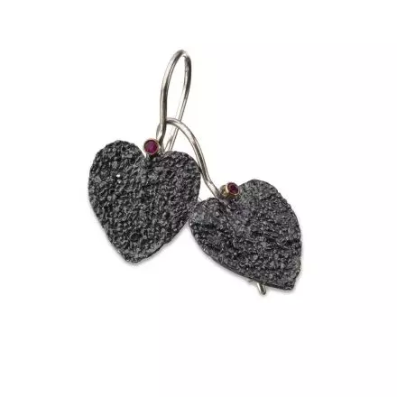 Stunning darkened antique finish Silver Heart Earrings set with Rubies  
