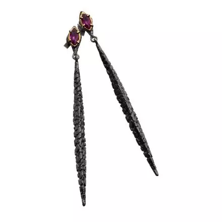 Silver Stud Earrings composed of darkened antique finish Silver Setting mounted with Ruby and majestic, long, dangling darkened antique finish Silver Strand