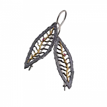 Darkened antique finish Silver Olive Leaf Earrings highlighted with center 18k gold leaf vein and ruby