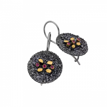 Darkened antique finish Silver Dome Earrings embellished with 18k gold leaves and rubies