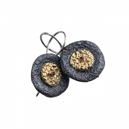 Darkened antique finish Silver Dome Earrings highlighted with center dome of 18k gold leaves and ruby
