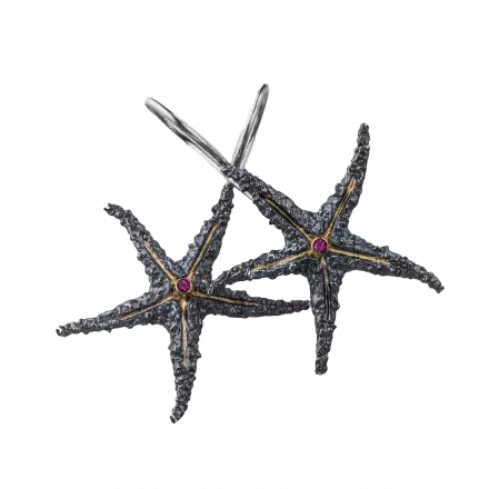 Dangling darkened antique finish Starfish Earrings accented with 18k gold leaf bands and rubies