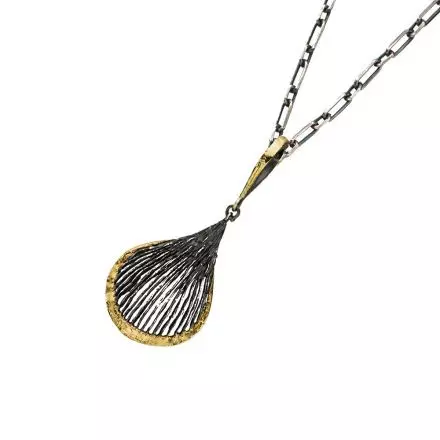Darkened antique finish Silver Chain Necklace with rounded triangular Silver Mesh Pendant bordered with 18k Gold Leaves