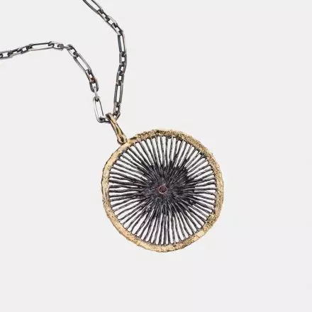 Darkened antique finish Silver Chain Necklace with lovely round mesh Pendant bordered with 18k Gold Leaves and set with center Ruby