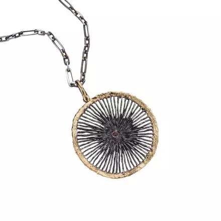 Darkened antique finish Silver Chain Necklace with lovely round mesh Pendant bordered with 18k Gold Leaves and set with center Ruby