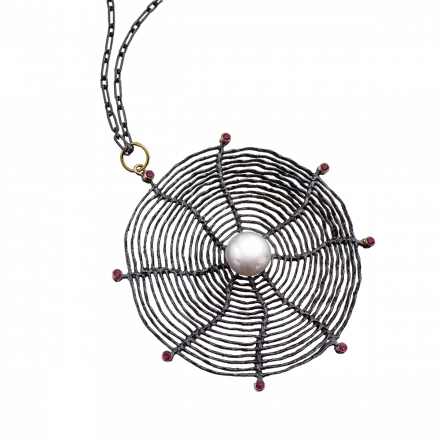 Silver "Spider's Web" Pendant Necklace with 18k gold leaf border and 8 rubies