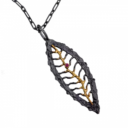 Darkened antique finish Silver Olive Leaf Pendant Necklace highlighted with center 18k gold leaf vein and ruby