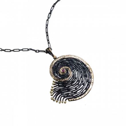 Darkened antique finish Silver Shell Pendant Necklace accented with 18k gold leaves and ruby
