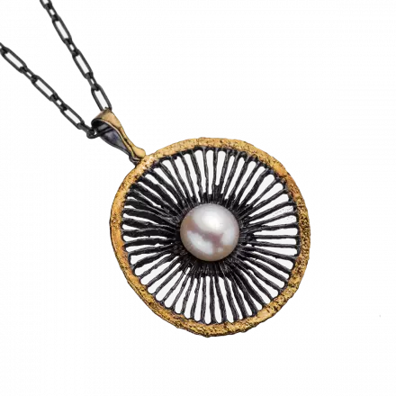 Silver "Spider's Web" Pendant Necklace with 18k gold leaf border and center white pearl