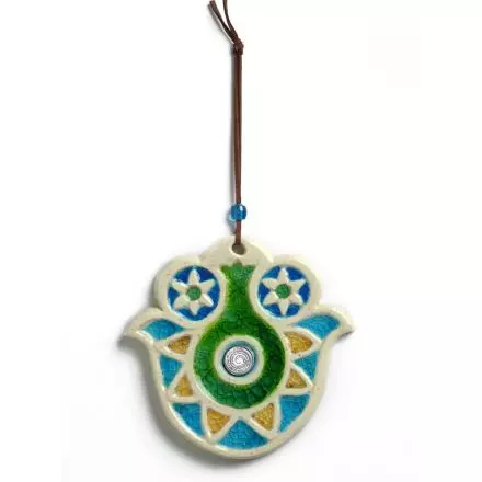Israeli gift, Pomegranate Hamsa with inset Wheel of Blessings Medal, ceramic, 13.5x13.5 cm