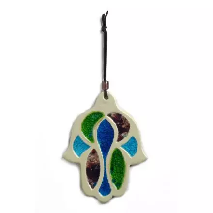 Israeli gift, Glass-Filled Hamsa, ceramic, 16.5x12.5 cm