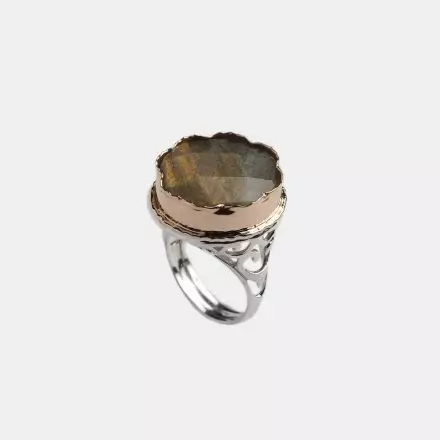 Silver Ring 9K Gold Moon Shape Labradorite