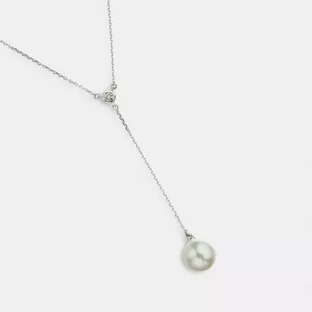 14K White Gold Necklace with Diamonds and Pearl