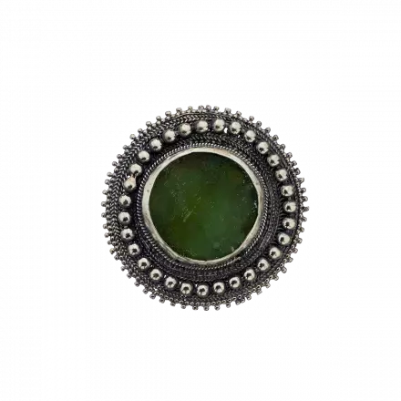 Round Silver Pin / Pendant with decorative dot design and set with ancient Roman Glass in the center