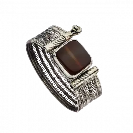 Handcrafted knitted Silver Bangle with raised square set with a carnelian stone