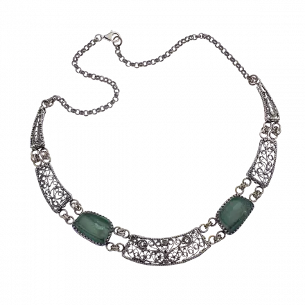 Silver Fan Necklace embellished with filigree decorations and 2 ancient Roman Glass stones
