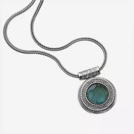 Handmade Silver Necklace Moon Shape Roman Glass