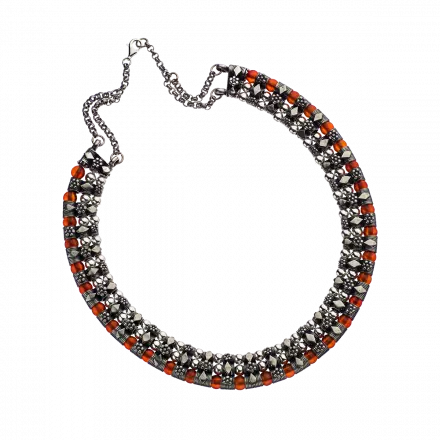Three-Strand Silver Ball and Carnelian Necklace with decorated silver links