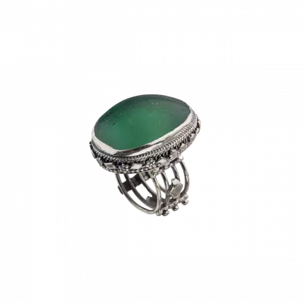 Wide Silver Filigree Ring set with uniquely sized Roman Glass