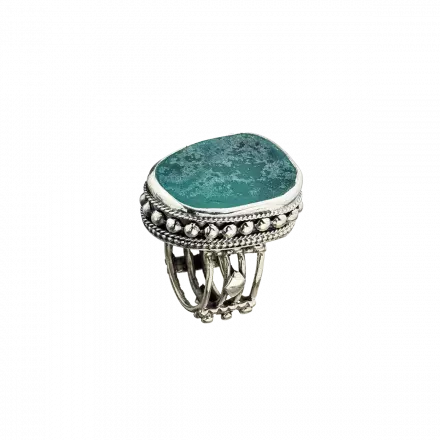 Wide Silver Ring with raised ancient Roman Glass surrounded by decorative dot design