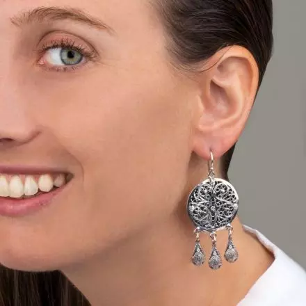 Double dome, round dangling Silver Earrings adorned with Yemenite filigree decorations and 3 silver filigree fringes