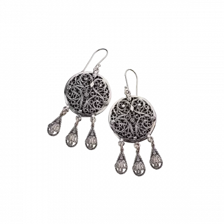 Double dome, round dangling Silver Earrings adorned with Yemenite filigree decorations and 3 silver filigree fringes