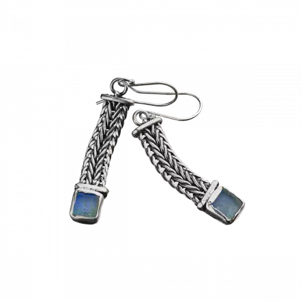 Dangling Silver Earrings with knitted chain and ancient Roman Glass