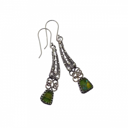 Silver Fan Earrings adorned with filigree and ancient Roman Glass