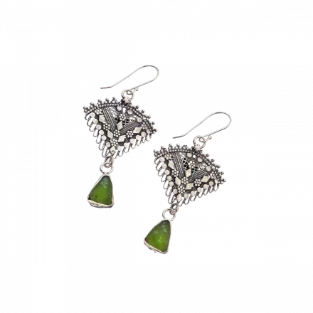 Triangular Silver Filigree Earrings with triangular dangle set with Roman Glass