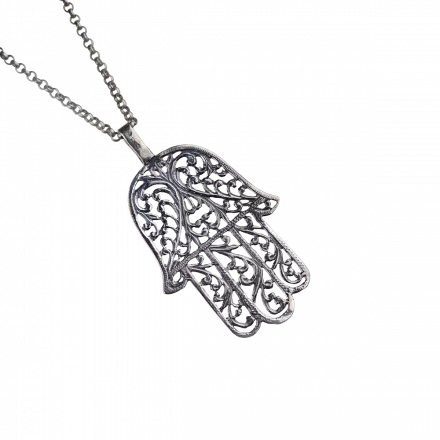 Silver Necklace with Hamsa pendant adorned with "Peacock Tail" decorations