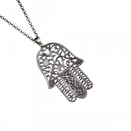 Silver Necklace with large Hamsa pendant adorned with "Oasis" decorations