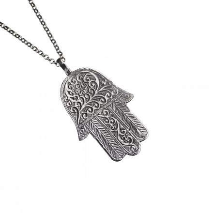 Long Silver Necklace with Hamsa adorned with "Grapevine" decorations